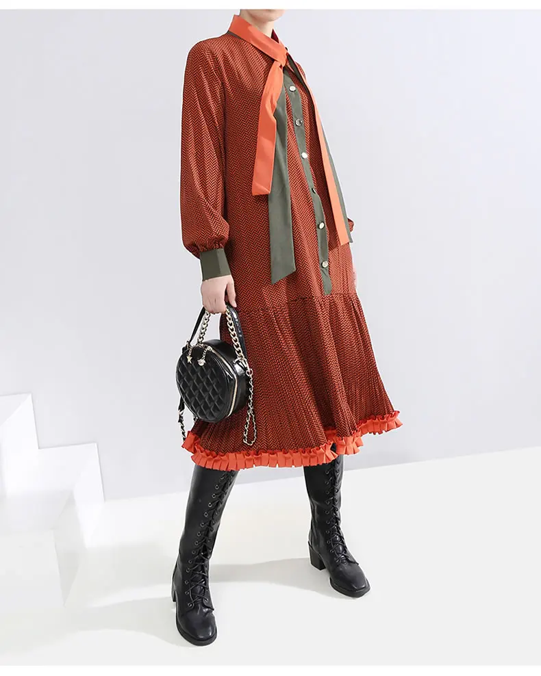 XITAO, винтажное Плиссированное Бандажное платье, модное, новинка, зимнее, с бантом, в полоску, прямое, длинный рукав, повседневное, свободное платье DMY1812