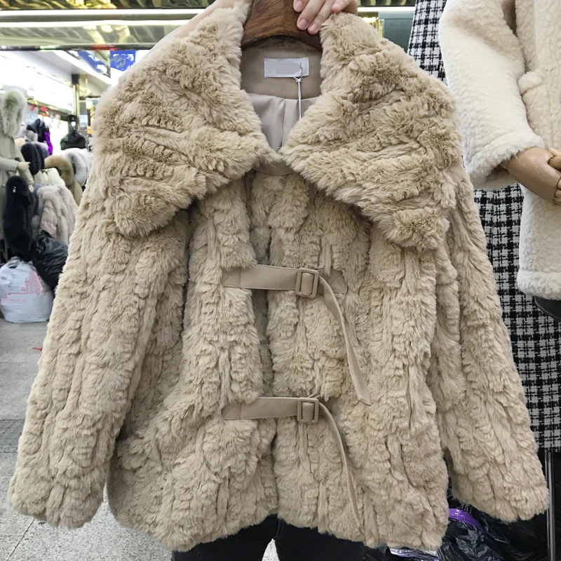 Куртка из искусственного кроличьего меха, женская короткая зимняя мягкая меховая куртка с отворотом, толстая плюшевая теплая куртка, пальто для девушек
