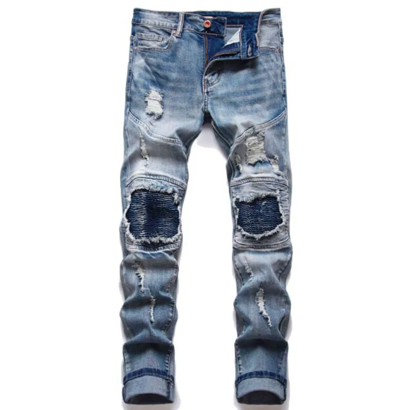 New Fashion Mens Cotton Ripped 2022 Jeans Jean Homme Slim Pleated Biker Jeans Men Trousers Casual Male Denim Pants