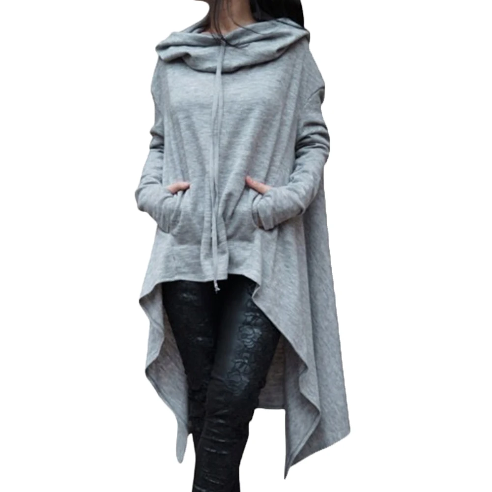  Autumn Plus Size Women Asymmetric Hoodie Solid Color Long Sleeve Hem Fishtail Hoodie Sweatshirt Pul