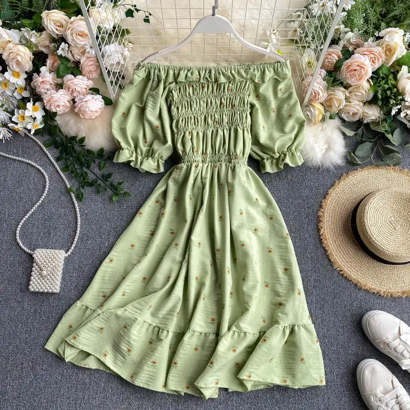 SINGRAIN Women Ruched Ruffle Dress Korean Puff Sleeve Slash Neck A Line Dress Summer Vacation Casual Print Floral Dress 2020