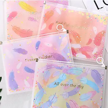 

OOTDTY Feather Quicksand Waterproof PVC File Bag Pencil Case Folder Document Holder Storage School Supplies Random Delivery