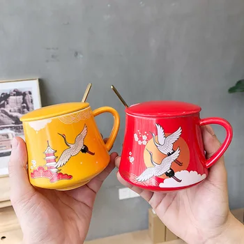 

Unique Chinese Crane mug with spoon lid Colored glaze Ceramics Coffee Mug The cup that makes you special Drinkware