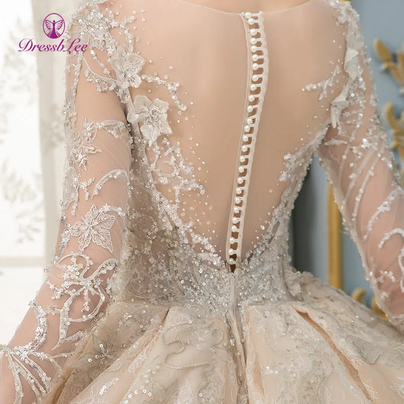 DressbLee Новое поступление роскошное свадебное платье кружевное вышитое кристаллами полные Свадебные платья с бисером свадебное платье с длинным шлейфом