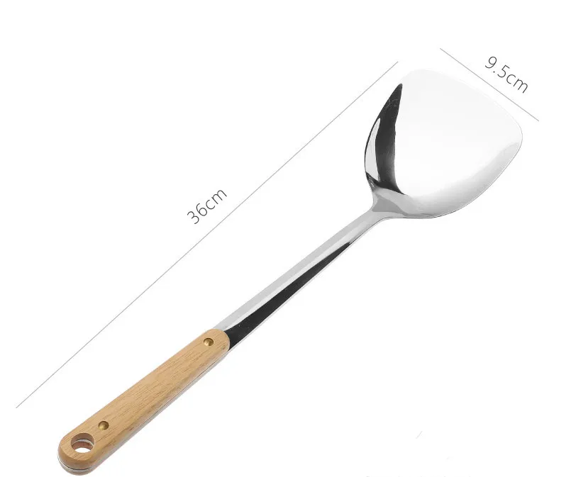 Деревянная ручка лопатка для вока 304 нержавеющая сталь металлическая кулинарная лопатка посуда ложка длинная ручка большой размер Тернер жареная лопатка для стейков - Цвет: 1 pcs