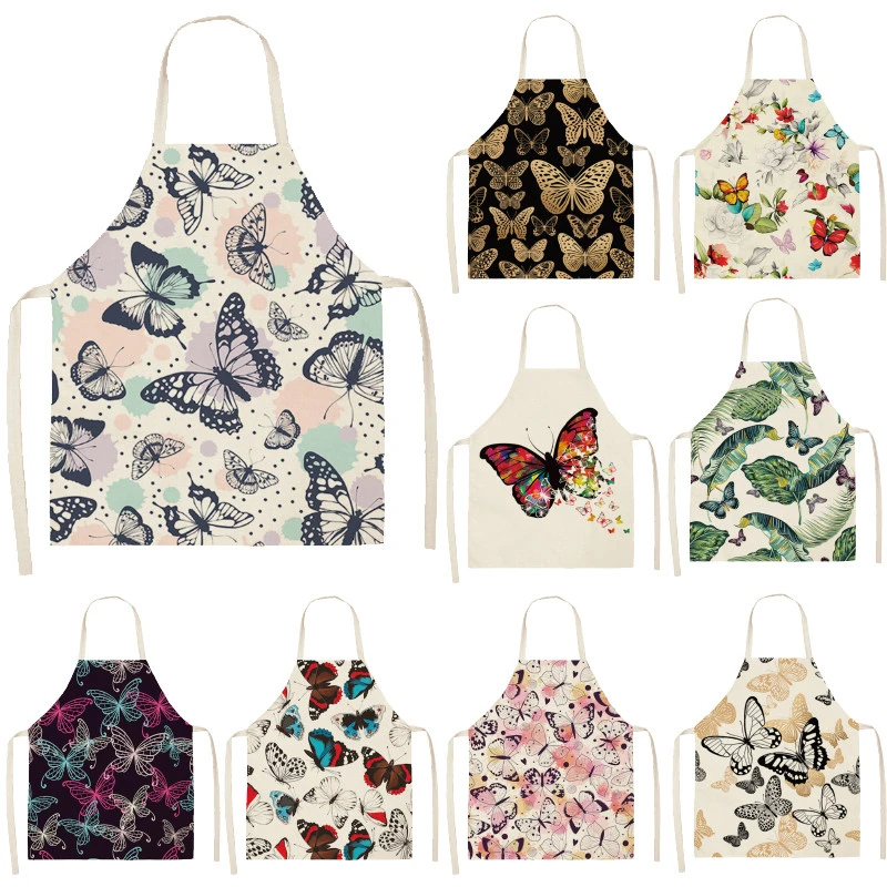 1pcs Butterfly Sleeveless Apron Cotton Linen Flower Printed Kitchen Pinafore Women Home Cooking Baking Waist Bib 53*65cm WQL0147