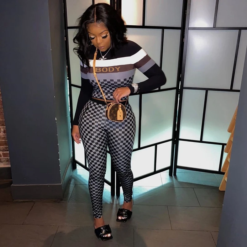 

Fashion Fall Plaid 2 Piece Sets Womens Outfits Long Sleeve Crop Tops+Pants Matching Sets for Women Clothes Streetwear