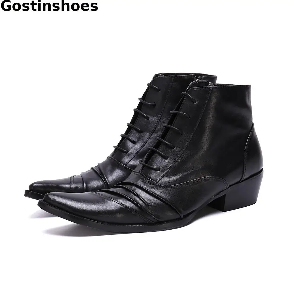 

Men Boots Black Genuine Leather Pleated Men Ankle Boots Side Zipper Lace-up Men Leather Boots Low Heel