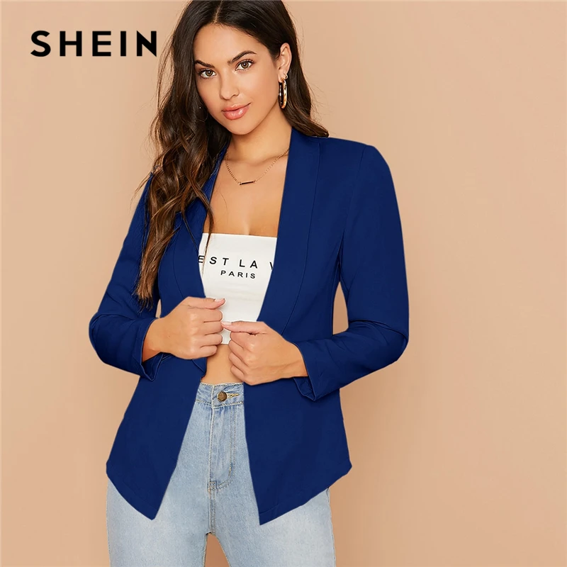 SHEIN Одноцветный платок воротник приталенный элегантный блейзер для женщин осень длинный рукав офисный женский открытый передний базовый Блейзер Пальто