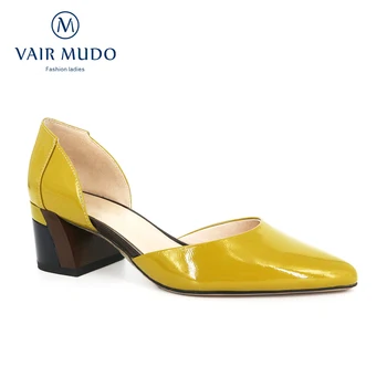 

VAIR MUDO Fashion Women Pumps Shoes Yellow Thick Heels Patent Leather Newly arrived Spring Autumn Shoes Women High Heels D16