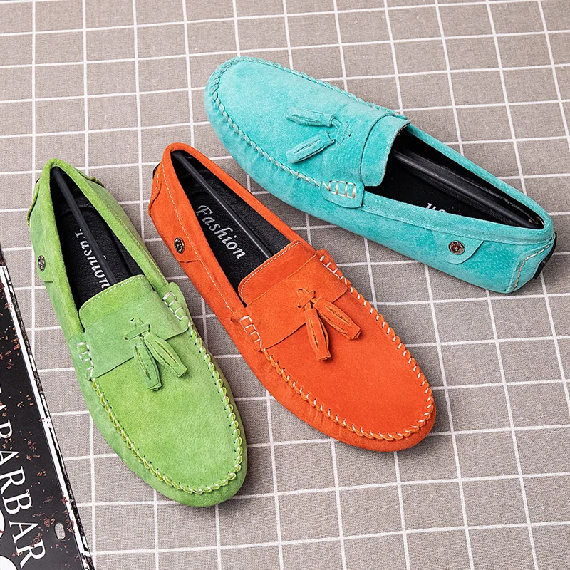 Brand Big Size Pig Suede Leather Men Flats 2020 Men Casual Shoes High Quality Tassel Men Loafers Moccasin Mens Driving Shoes