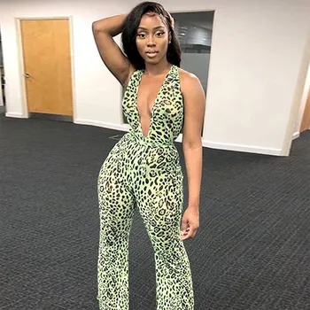 

Sexy Backless Leopard Printed Women's Jumpsuit Halter See Through Mesh Female Rompers 2020 Summer Bodycon Flare Pant Overalls