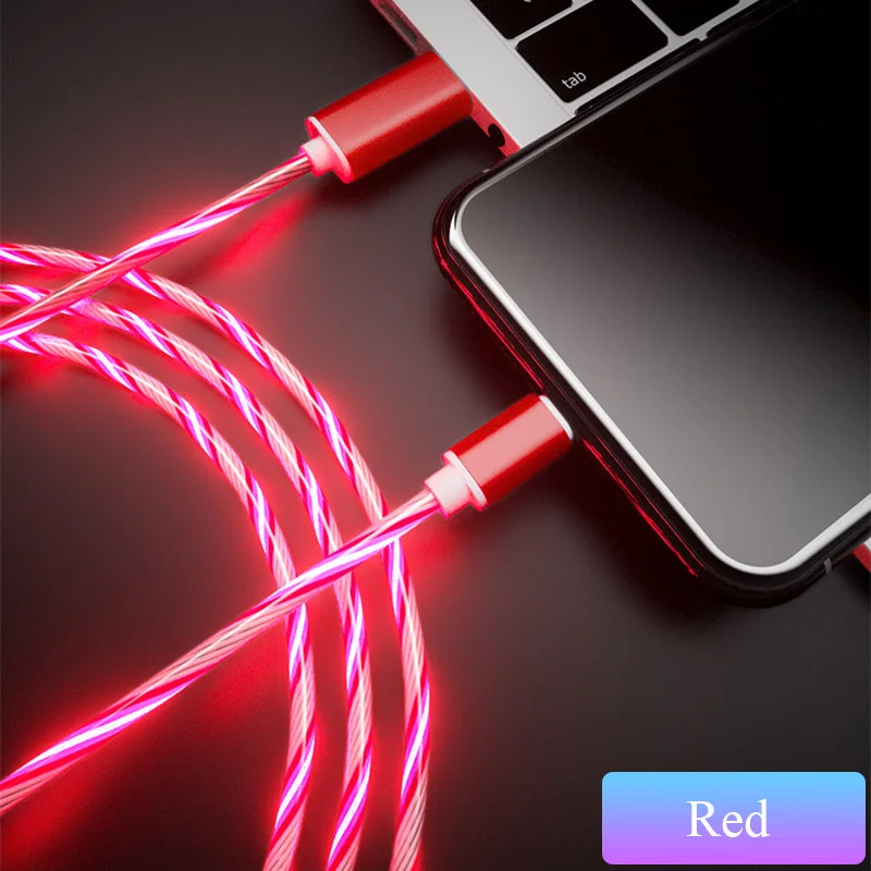 Светодиодный светящийся струящийся usb-кабель type C/Micro USB/8Pin яркий кабель для передачи данных для samsung S10 Xiaomi смартфон зарядное устройство зарядный провод шнур - Цвет: Красный