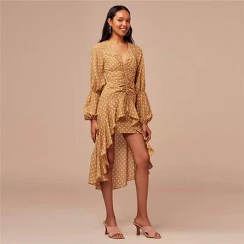 

Summer Women Dot Print Dress V Neck Lantern Sleeve High Waist Ruffle Bow Casual Streetwear Dress 2019 Yellow Beach Mini Dresses