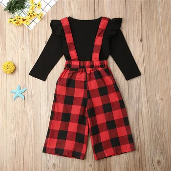

0-36months Baby Girl Clothing 2020 Black T-Shift Tops Kids Red Plaid Overalls Dress Girls Outfits Toddler Baby Girls Clothes Set