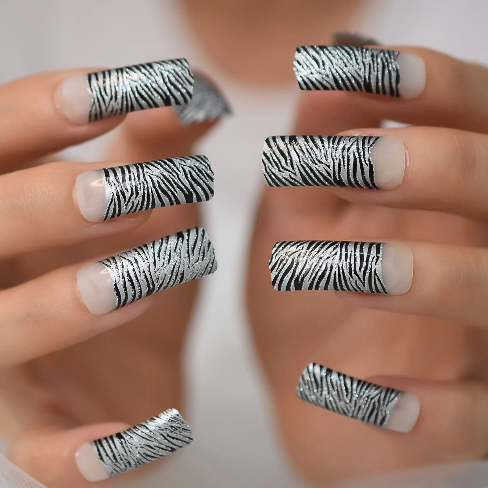 Square Fake Nails Long With Design Tiger Pattern Silver Glitter Half Cover Press Ons False Nails Diy Nail Extension Cool Girls False Nails Aliexpress