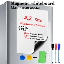 Tableau blanc magnétique de taille A2, autocollant de réfrigérateur effacé à sec, tableau blanc magnétique, tableau blanc de cuisine et de bureau, cadeau, 3 stylos, 1 gomme, 2 punaises 