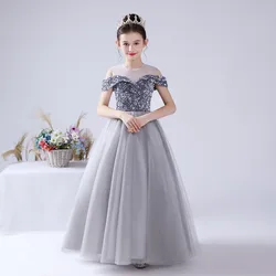 Girls Long Formal Pageant Birthday Party Princess Dress Off Shoulder Sleeve Silver Grey Sequins Christmas Wedding Party Elegant