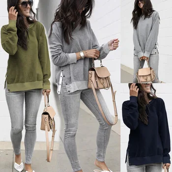 

women's shirt autumn winter round neck long-sleeved European American solid color split fork button women's clothing