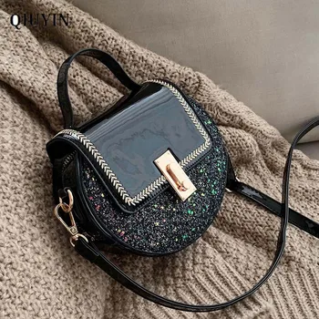

Qiuyin Vintage Spliced Bag Luxury Brand Handbag Women's/female Shoulder Bag Crossbody Cute Purse Zip Round Leather Pu Sequin Bag