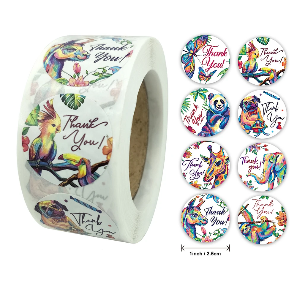 

500pcs Cute Thank You Sticker 2.5cm Watercolor Animal Label Packaging Sealing Decoration Stationery Sticker