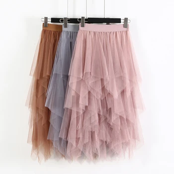 

Elastic High Waist Skirts Women Solid Irregular Mesh Tulle Skirts Elegant Long Skirt Ladies Summer Autumn Skirt