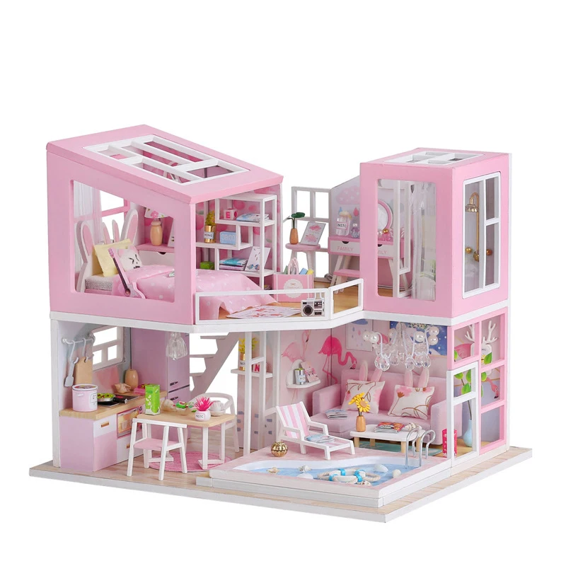 

DIY DollHouse Furniture Handmade Wood Modern Villa Miniature Doll House Handmade Model Kid Birthday Christmas Gift 3D Girls Toy