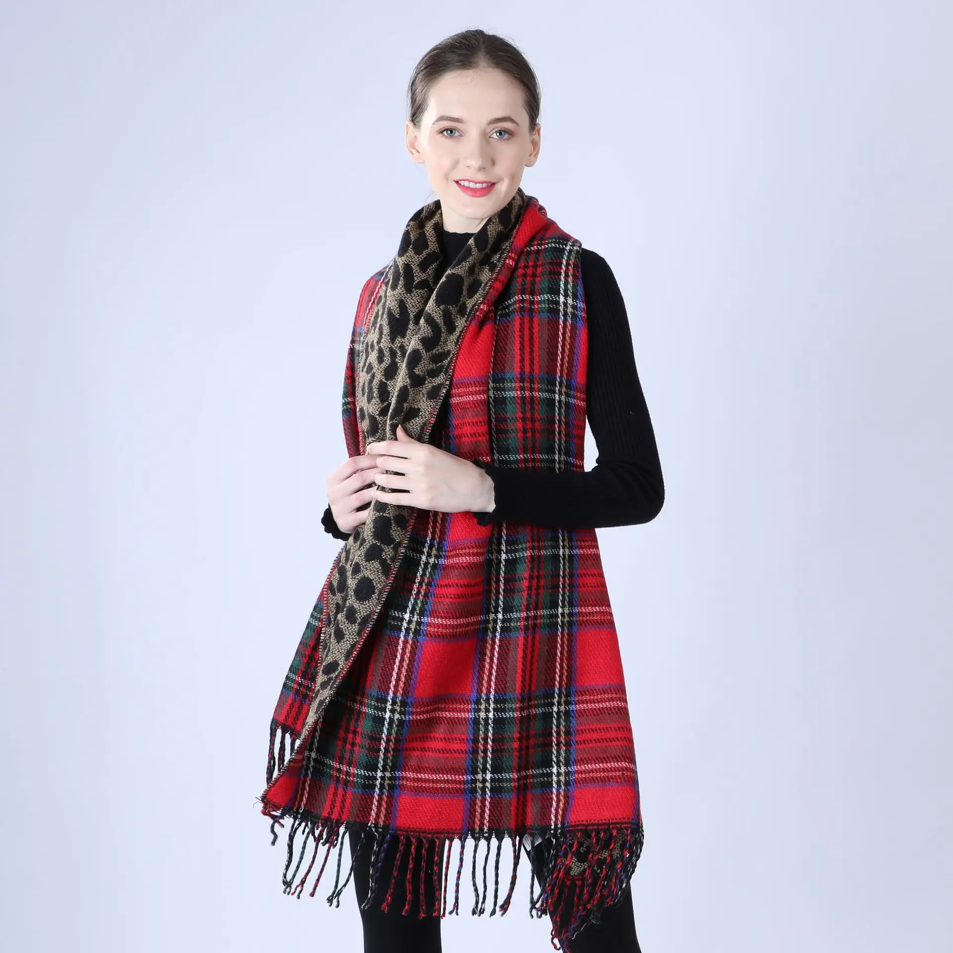 

Spot new plaid leopard print double-sided scarf female autumn/winter imitation cashmere faux cashmere faux suede shawl scarf