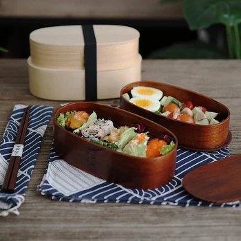 

Double Wooden Lunch Box Japanese Style Lunch Box School Children Tableware Set Bag And Spoon Chopsticks Square Lunch Box