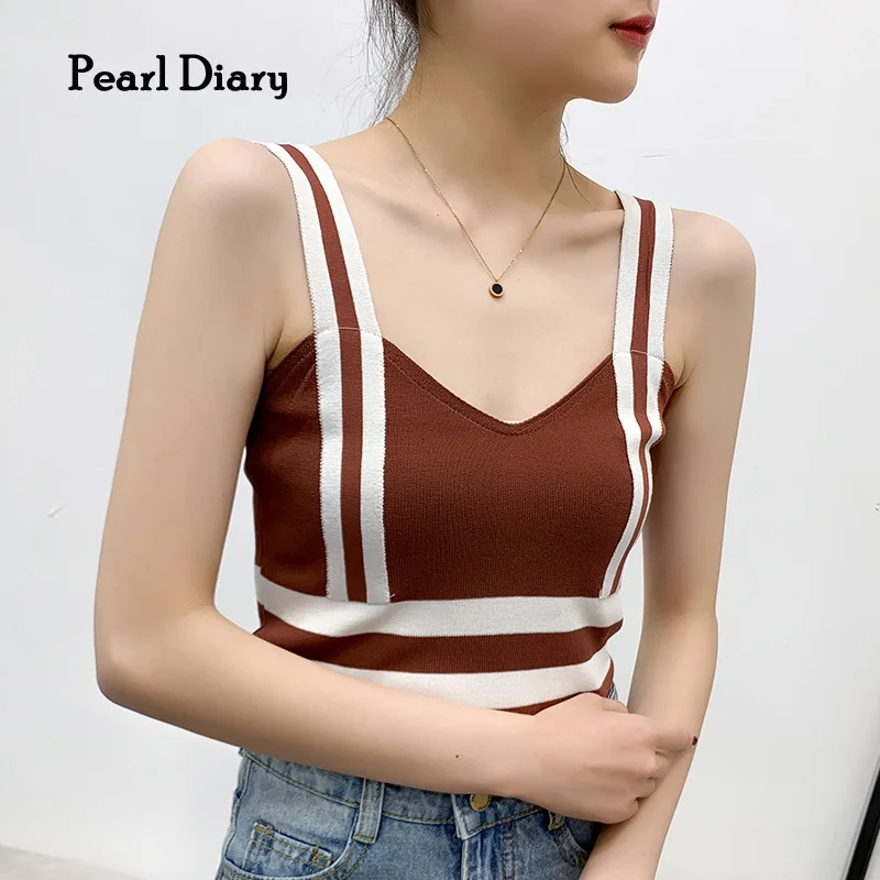

Pearl Diary Female Knitting Chic Crop Top Sexy Striped Spaghetti Halter Top Black Crop Top Summer Cotton Woman Crop Tops