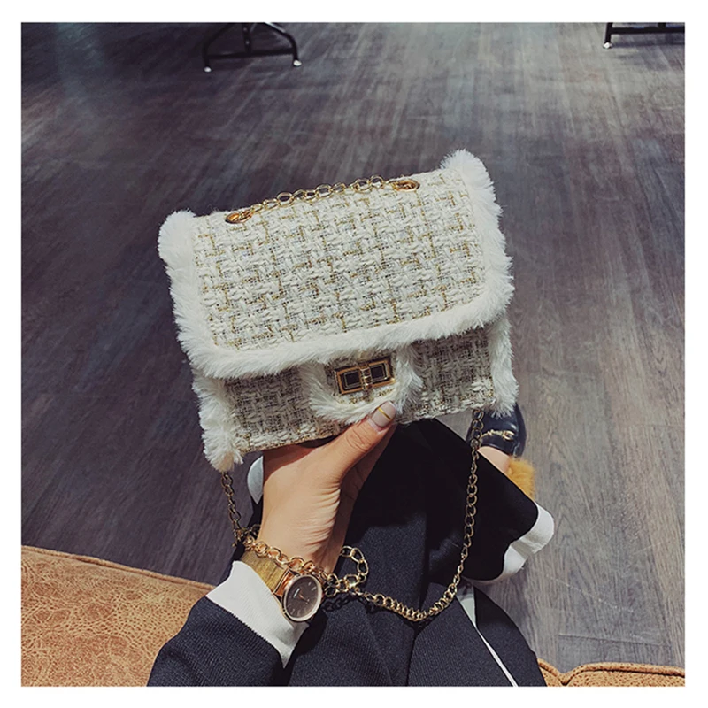 Новинка, Женская Роскошная сумочка, сумки для девушек, дизайнерская квадратная однотонная шерстяная сумка через плечо, сумка на цепочке на одно плечо