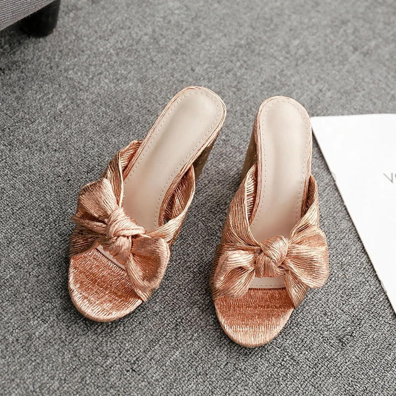 Summer Women High Heels Mules Slippers Female Peep Toe Square Heels Slippers Champagne Bowknot Party Shoes Size 35-42