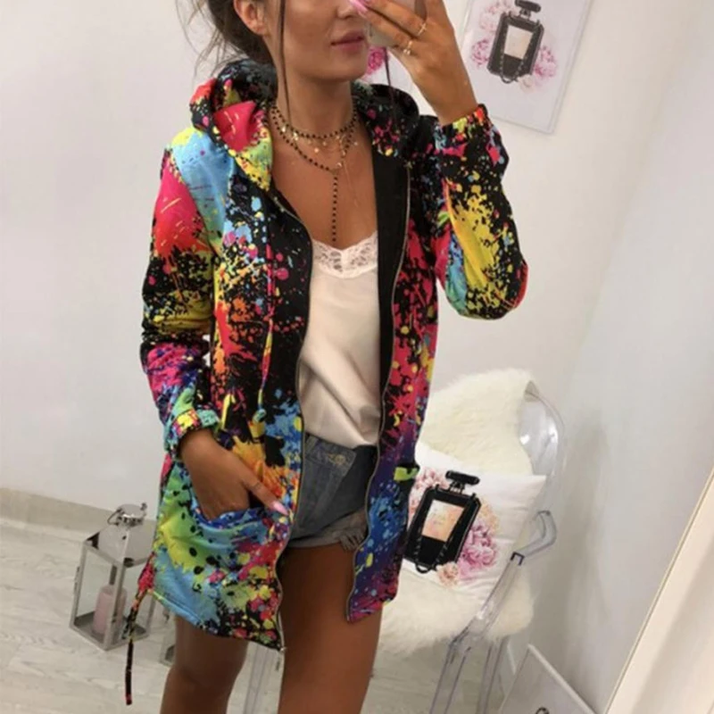 

jacket women Casual Loose Coat Long Sleeve Hoodies Colorful Printed Jacket Outwear jaqueta feminina chaquetas mujer 2019