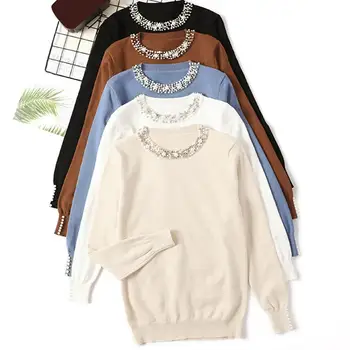 

Spring Autumn Women Sweater 2020 Fashion Solid Color Beading Round Neck Sweater Pullover Women Loose Knitted Top Sweater