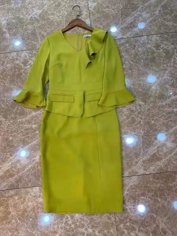 yellow Элегантные вечерние платья, весна-лето, облегающее женское платье с v-образным вырезом и рюшами, в стиле пэчворк, с расклешенными рукавами, длиной до колена, темно-желтое платье 3xl - Цвет: yellow