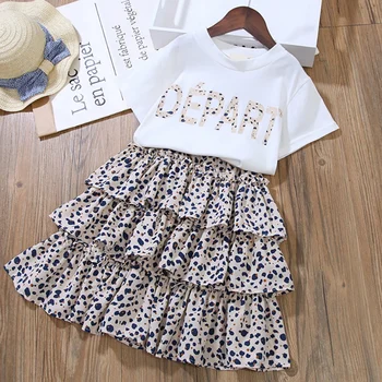 

Girls Summer Suit Korean Children Short-Sleeved Fashion Cake Skirt Two-Piece