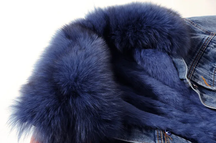 Vintage Winter Denim Jacket Women Korean New Removable Rabbit fur liner Fox Fur Collar Jean Coat Loose Thick Warm Jeans Jacket