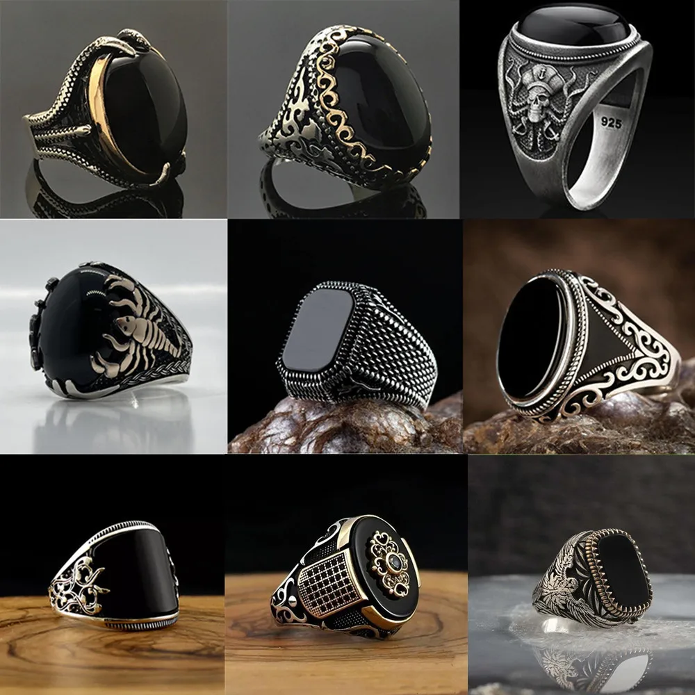 Vintage Punk Big Black Zircon Stone Rings for Men Women Gothic Octopus Scorpion Animals Punk Party Bike Jewelry Turkey Jewelry
