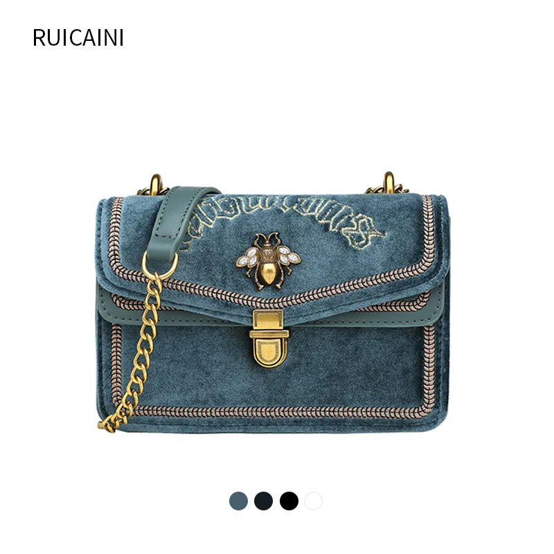 

[Activity Velvet Bag with Chain Embroidered mi feng bao Square Sling Bag 2019 New Style Hong Kong Style Bag Women's Shoulder