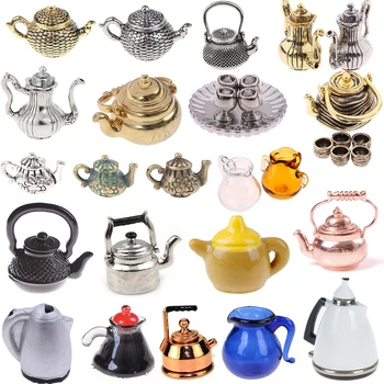 

1/12 Scale Doll House Miniature Metal Ceramic Tea Doll House Furniture Miniature Dining Ware Toy Teapot Cup Plate