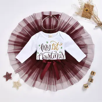 

0-18 Months Newborn Baby Girl Christmas Outfits Long Sleeve Romper Plaid Overalls Headband 3Pcs Outfit Xmas Dress