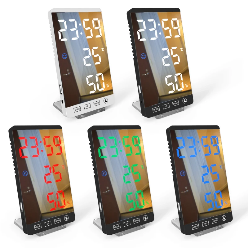 

6Inch Mirror LED Alarm Clock Touch Button Digital Clock LED Time Temperature Humidity Display USB Output Port Table Mirror Clock