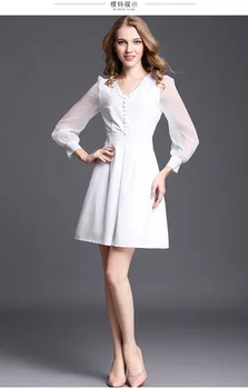 

2020 woman dress summer dress dresses for women White V-neck Pearl Buckle Tencel Long Sleeve Slim Dress white summer dress