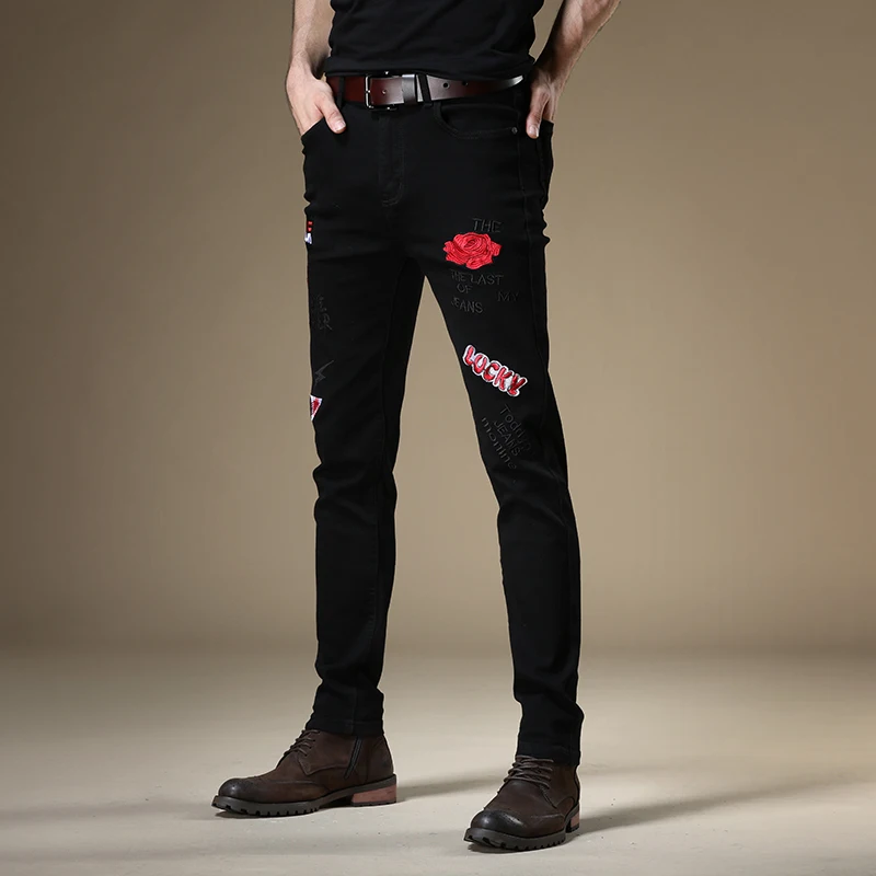 Men Jeans Fashion Rose Embroidery Black Denim Streetwear Straight Pencil Pants