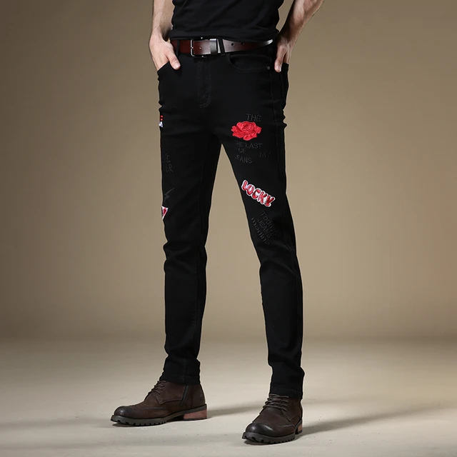 Men Fashion Rose Embroidery Black Denim Straight