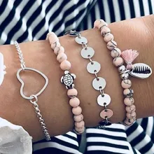 UODCM 4 шт./компл. богемное геометрическое сердце черепаха Шарм Набор браслетов для женщин ювелирные изделия Акриловые розовые бусы цепочка браслеты