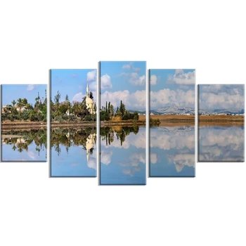

5 Pcs Canvas Printed Modern Poster Home Decorative Castle Tree Painting Wall View Blue Lake Picture Living Room Modular Frame