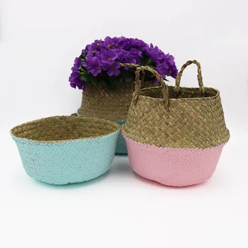 

Household Foldable Natural Seaweed Woven Storage Pot Garden Flower Vase Hanging Basket Storage Basket Home Decor Planter