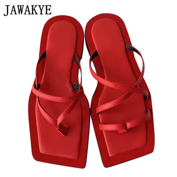

Flat Heel Flip Flop Slippers Square Toe Stylish Outdoor Mules Celebrity Summer Red Leather Slides Fashion Sandalias Shoes Women