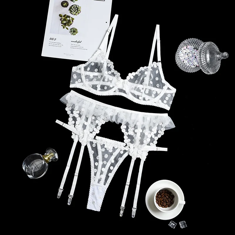 black underwear set Women Intimate Sexy Three-piece Underwear Lace Mesh Sheer Lingerie Dot Embroidery White Sex Costumes Porn Bra and Panty Sets lace underwear set